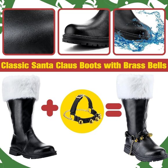 Men's Black Brass Bells Premium Faux Leather Wide Calf Santa Combat Shoes - Picture 6 of 8